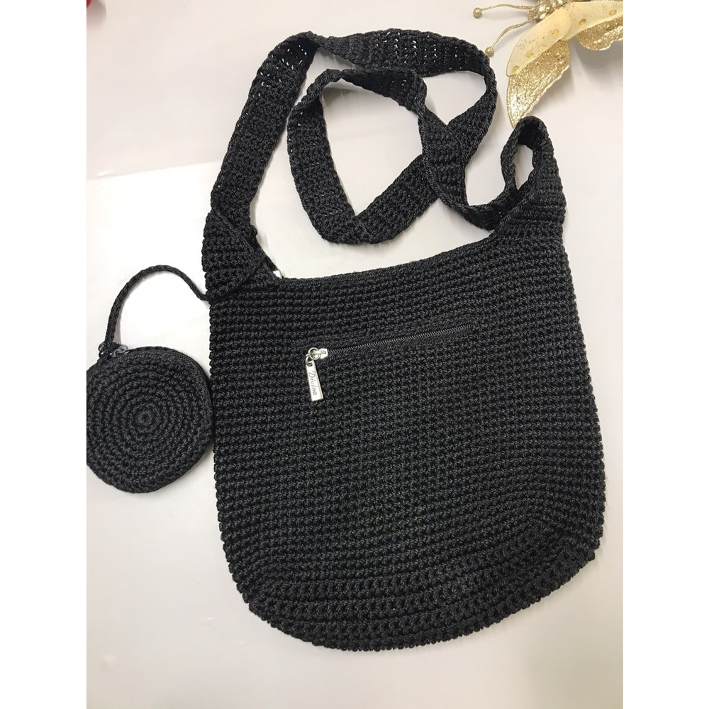 Divine Small Handmade Crocheted Crossbody with Attached Coin Purse Black 10" x9"